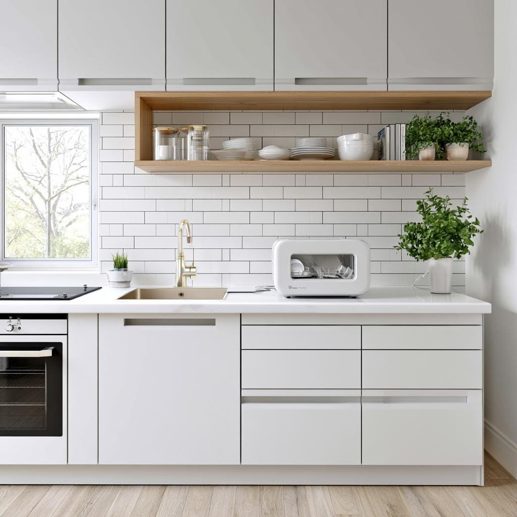 A compact countertop dishwasher arranged beside a bright kitchen window