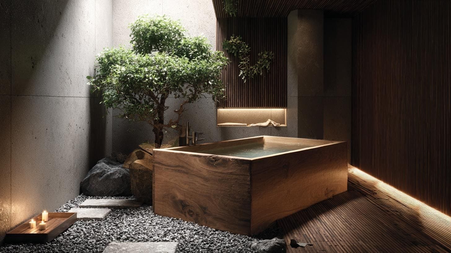A serene dark-tiled bathroom with a deep timber soaking tub and slatted wood floor