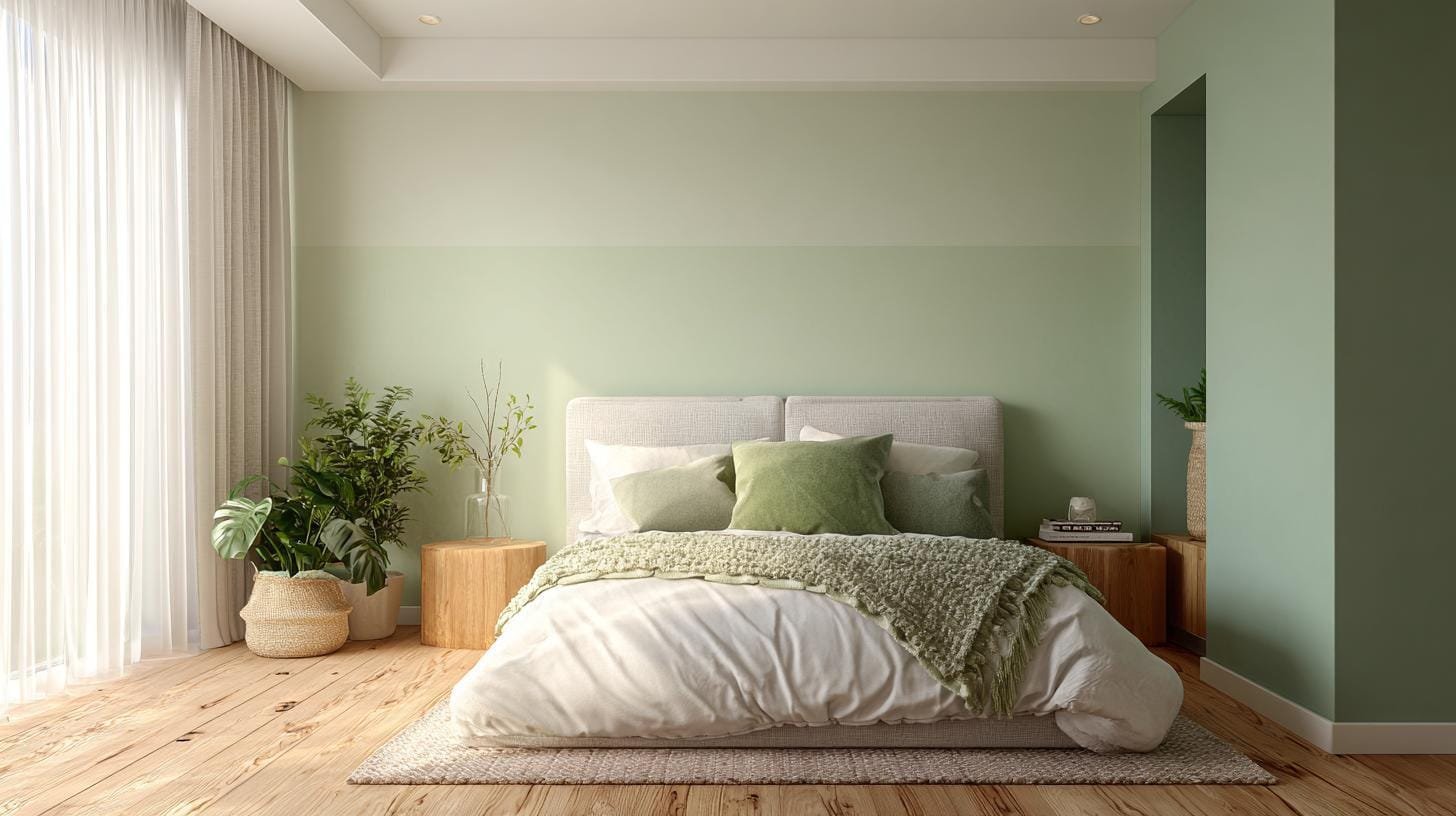 A calm sage-green bedroom with a low upholstered bed, soft bedding and bedside lamps
