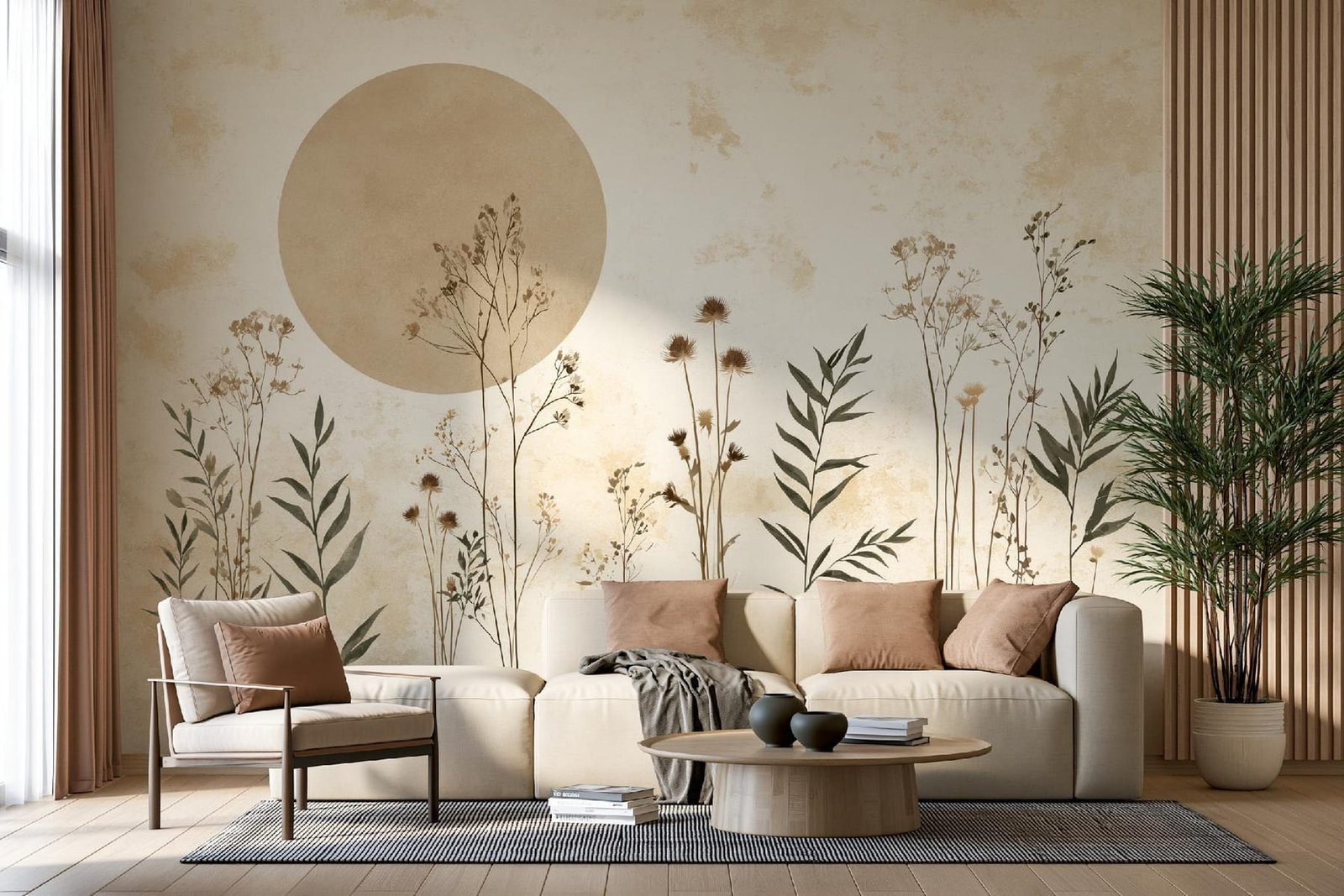 A bright living room with a large botanical mural, pale sofa and carefully grouped cushions