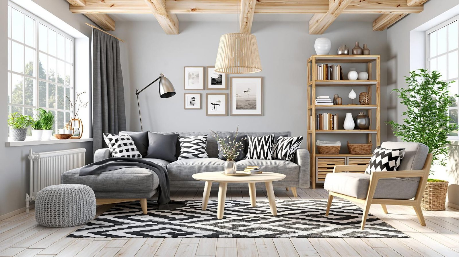 A Scandinavian-style living room with pale timber display cabinets and a low upholstered chair