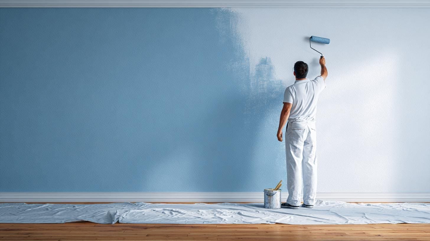A decorator applying an even satin blue finish to an interior wall with a roller