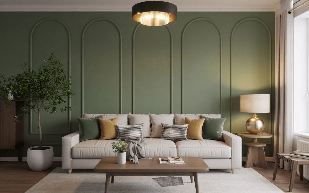 A compact finished apartment living room with practical seating and a television wall