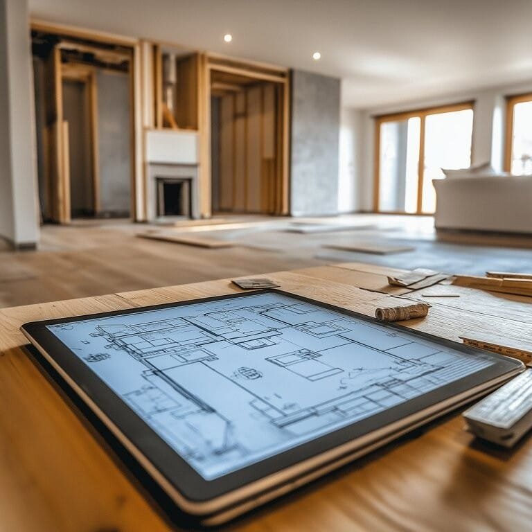 A renovation floor plan and digital tablet arranged on a worktable for project planning